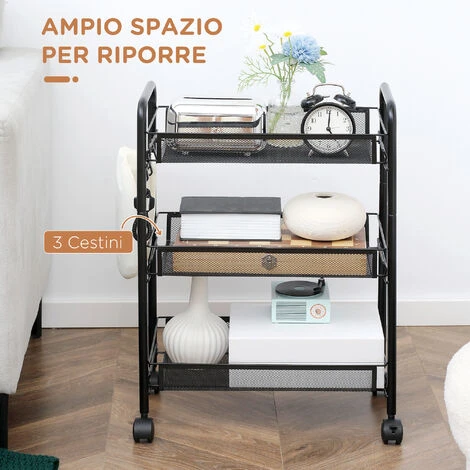 HOMCOM Carrello Da Cucina A 3 Livelli Con Cesti Removibili E 4 Ruote, In Acciaio E Plastica PP, 41.5Lx26.5x63 Cm, Nero 4 HOMCOM Carrello Da Cucina A 3 Livelli Con Cesti Removibili E 4 Ruote, In Acciaio E Plastica PP, 41.5Lx26.5x63 Cm, Nero - immagine 4