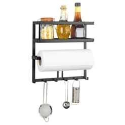 Wenko - Scaffale Multifunzione Gala, Mensola Da Cucina Per Riporre Gli Utensili Da Cucina, Con Portarotolo Da Cucina, 6 Ganci, In Acciaio Piatto Verniciato A Polvere, 30 X 33 X 9 Cm, Colore Nero