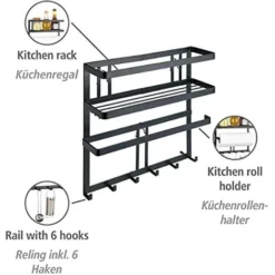 Wenko - Scaffale Multifunzione Gala, Mensola Da Cucina Per Riporre Gli Utensili Da Cucina, Con Portarotolo Da Cucina, 6 Ganci, In Acciaio Piatto Verniciato A Polvere, 30 X 33 X 9 Cm, Colore Nero -Wenko Negozio 70723203 3