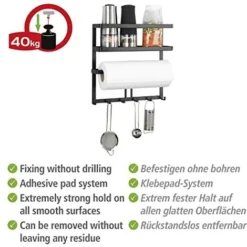 Wenko - Scaffale Multifunzione Gala, Mensola Da Cucina Per Riporre Gli Utensili Da Cucina, Con Portarotolo Da Cucina, 6 Ganci, In Acciaio Piatto Verniciato A Polvere, 30 X 33 X 9 Cm, Colore Nero -Wenko Negozio 70723203 4