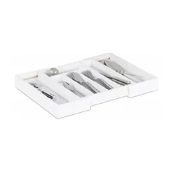 Relaxdays 10023238 Portaposate Da Cassetto Estraibile Larghezza Variabile Da 5 A 7 Scomparti In Bambù HLP: 5x48x33,5 Cm Bianco