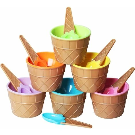 Set Di 6 Ciotole Da Dessert Per Gelato E Cucchiai Abbinati - Plastica - Simpatici Colori Assortiti - Design In Rilievo 1 Set Di 6 Ciotole Da Dessert Per Gelato E Cucchiai Abbinati - Plastica - Simpatici Colori Assortiti - Design In Rilievo