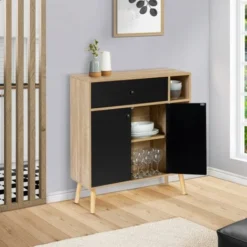 Contenitore Scandinavo EMMIE In Legno E Nero Con Armadio E Cassetto
