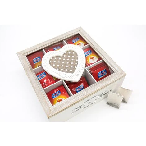 Scatola Porta Tè E Tisane In Legno Con Coperchio In Vetro 9 Scomparti Shabby Chic 4 Scatola Porta Tè E Tisane In Legno Con Coperchio In Vetro 9 Scomparti Shabby Chic - immagine 4