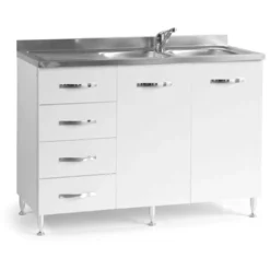 Sottolavello Per Cucina Bianco Frassinato 2 Ante C-Cassettiera SX Cm 120x50xH 85