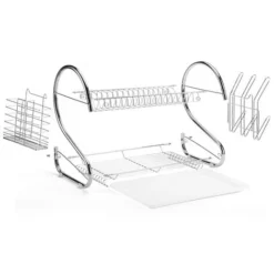 Scolapiatti Da Cucina In Acciaio Inossidabile A Due Piani Con Piatto Unico Cion Gabbia Per Bastoncini E Griglia Per Appendere Tazze 40x26x37cm -Wenko Negozio 76183804 3