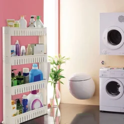 DYHF Carrellino Scaffale Stretto Salvaspazio Cucina Bagno A 4 Ripiani Con Ruote In Plastica Portaoggetti Scaffale Portaoggetti Sottile Cucina Carrello Portaoggetti Da Bagno 54.5x12.5x102cm