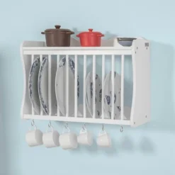 SoBuy Porta Piatti Organizer Cucina, Piattaia Shabby Da Parete Bianco FRG275-W