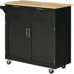 HOMCOM Carrello Da Cucina Multiuso In Legno Con 2 Cassetti, Armadietto E 4 Ruote, 104x46x91cm, Nero