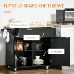 HOMCOM Carrello Da Cucina Multiuso In Legno Con 2 Cassetti, Armadietto E 4 Ruote, 104x46x91cm, Nero -Wenko Negozio 87900989 4