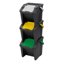 Tris Set 3 Pattumiere Per Raccolta Differenziata 3x30 Litri Nere Con Manici