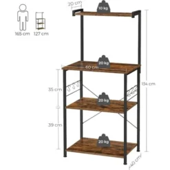 VASAGLE Scaffale Da Cucina, Organizzatore Per Cucina, Supporto Per Forno A Microonde, Con 3 Ripiani, 6 Ganci A S, Per Spezie, Pentole E Padelle, Stile Industriale, Marrone Vintage E Nero Da SONGMICS -Wenko Negozio 94215114 5