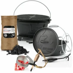 CampFeuer Set Di 7 Pezzi Con Forno Olandese, Pentola In Ghisa Per Barbecue, Accendifuoco, Accendino Per Barbecue, Carbone Di Legna.