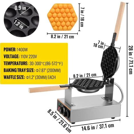 VEVOR Piastra Per Waffle Elettrica 1400W, Macchina Per Waffle AllUovo 30-300℃, Waffle Maker Commerciale Antiaderente 225x330x250mm, Macchina Piastra Per Eggettes Di Hong Kong, Con Manici In Legno 2 VEVOR Piastra Per Waffle Elettrica 1400W, Macchina Per Waffle AllUovo 30-300℃, Waffle Maker Commerciale Antiaderente 225x330x250mm, Macchina Piastra Per Eggettes Di Hong Kong, Con Manici In Legno - immagine 2