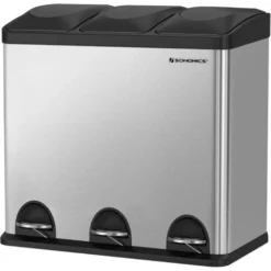 Songmics Pattumiera Per Raccolta Differenziata Contenitore Bidone Cestino A 3 Scomparti In Acciaio Inossidabile Metallizzato 54 Litri