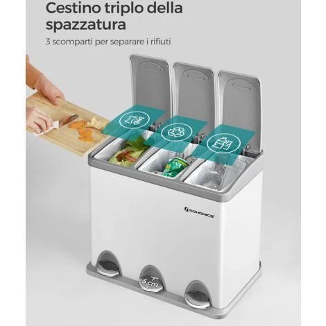 Songmics Pattumiera, 3 In 1, Cestino A Pedali, Secchio Della Spazzatura In Metallo, Sistema Di Differenziamento Dei Rifiuti, Pattumiera Per Cucina, Durevole, Facile Da Pulire, Acciaio, Bianco 2 Songmics Pattumiera, 3 In 1, Cestino A Pedali, Secchio Della Spazzatura In Metallo, Sistema Di Differenziamento Dei Rifiuti, Pattumiera Per Cucina, Durevole, Facile Da Pulire, Acciaio, Bianco - immagine 2