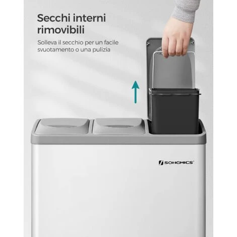 Songmics Pattumiera, 3 In 1, Cestino A Pedali, Secchio Della Spazzatura In Metallo, Sistema Di Differenziamento Dei Rifiuti, Pattumiera Per Cucina, Durevole, Facile Da Pulire, Acciaio, Bianco 3 Songmics Pattumiera, 3 In 1, Cestino A Pedali, Secchio Della Spazzatura In Metallo, Sistema Di Differenziamento Dei Rifiuti, Pattumiera Per Cucina, Durevole, Facile Da Pulire, Acciaio, Bianco - immagine 3