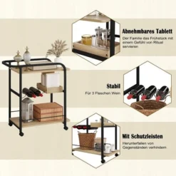 WOLTU Carrello Da Cucina. Scaffale Da Cucina Con 4 Ruote. Carrello Salvaspazio A 3 Livelli. Con Portabottiglie E Ripiano Rimovibile. In Legno E Metallo. Venature Di Legno Chiaro E Nero -Wenko Negozio 97477595 3
