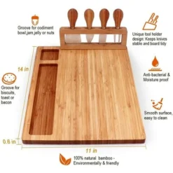 Tagliere Per Formaggi, Vassoio Da Portata Con 4 Coltelli In Acciaio Inox, Tagliere Per Salumi In Legno Massello (14''x11'') -Wenko Negozio 97870554 4