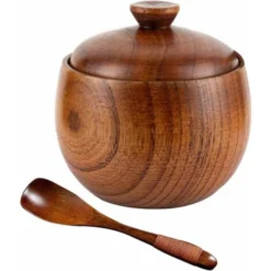 Scatola Per Sale In Legno, Barattolo Per Sale Con Coperchio E Cucchiaio, Scatola Rotonda Per Sale, Contenitore Per Sale, Design Ad Angoli Arrotondati Per Sale, Zucchero, Tè, Caffè, Spezie, Contenitore