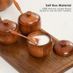 Scatola Per Sale In Legno, Barattolo Per Sale Con Coperchio E Cucchiaio, Scatola Rotonda Per Sale, Contenitore Per Sale, Design Ad Angoli Arrotondati Per Sale, Zucchero, Tè, Caffè, Spezie, Contenitore -Wenko Negozio 98011493 4