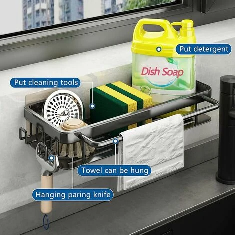 Porta Spugne Organizer Da Cucina Per Lavello, Mensola Autoadesiva In Alluminio Per Saponi, Spugne, Spazzole, Scolapiatti Multifunzione Con 2 Ganci E Ripiano Per Asciugamani, Nero 2 Porta Spugne Organizer Da Cucina Per Lavello, Mensola Autoadesiva In Alluminio Per Saponi, Spugne, Spazzole, Scolapiatti Multifunzione Con 2 Ganci E Ripiano Per Asciugamani, Nero - immagine 2