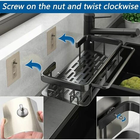 Porta Spugne Organizer Da Cucina Per Lavello, Mensola Autoadesiva In Alluminio Per Saponi, Spugne, Spazzole, Scolapiatti Multifunzione Con 2 Ganci E Ripiano Per Asciugamani, Nero 4 Porta Spugne Organizer Da Cucina Per Lavello, Mensola Autoadesiva In Alluminio Per Saponi, Spugne, Spazzole, Scolapiatti Multifunzione Con 2 Ganci E Ripiano Per Asciugamani, Nero - immagine 4