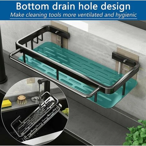 Porta Spugne Organizer Da Cucina Per Lavello, Mensola Autoadesiva In Alluminio Per Saponi, Spugne, Spazzole, Scolapiatti Multifunzione Con 2 Ganci E Ripiano Per Asciugamani, Nero 5 Porta Spugne Organizer Da Cucina Per Lavello, Mensola Autoadesiva In Alluminio Per Saponi, Spugne, Spazzole, Scolapiatti Multifunzione Con 2 Ganci E Ripiano Per Asciugamani, Nero - immagine 5